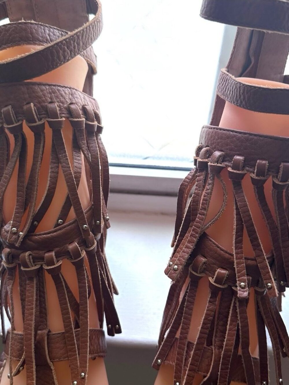 Sam Edelman Gardenia Tall Gladiator Leather Flat Fringed Sandals Brown US 6.5M - Picture 6 of 15